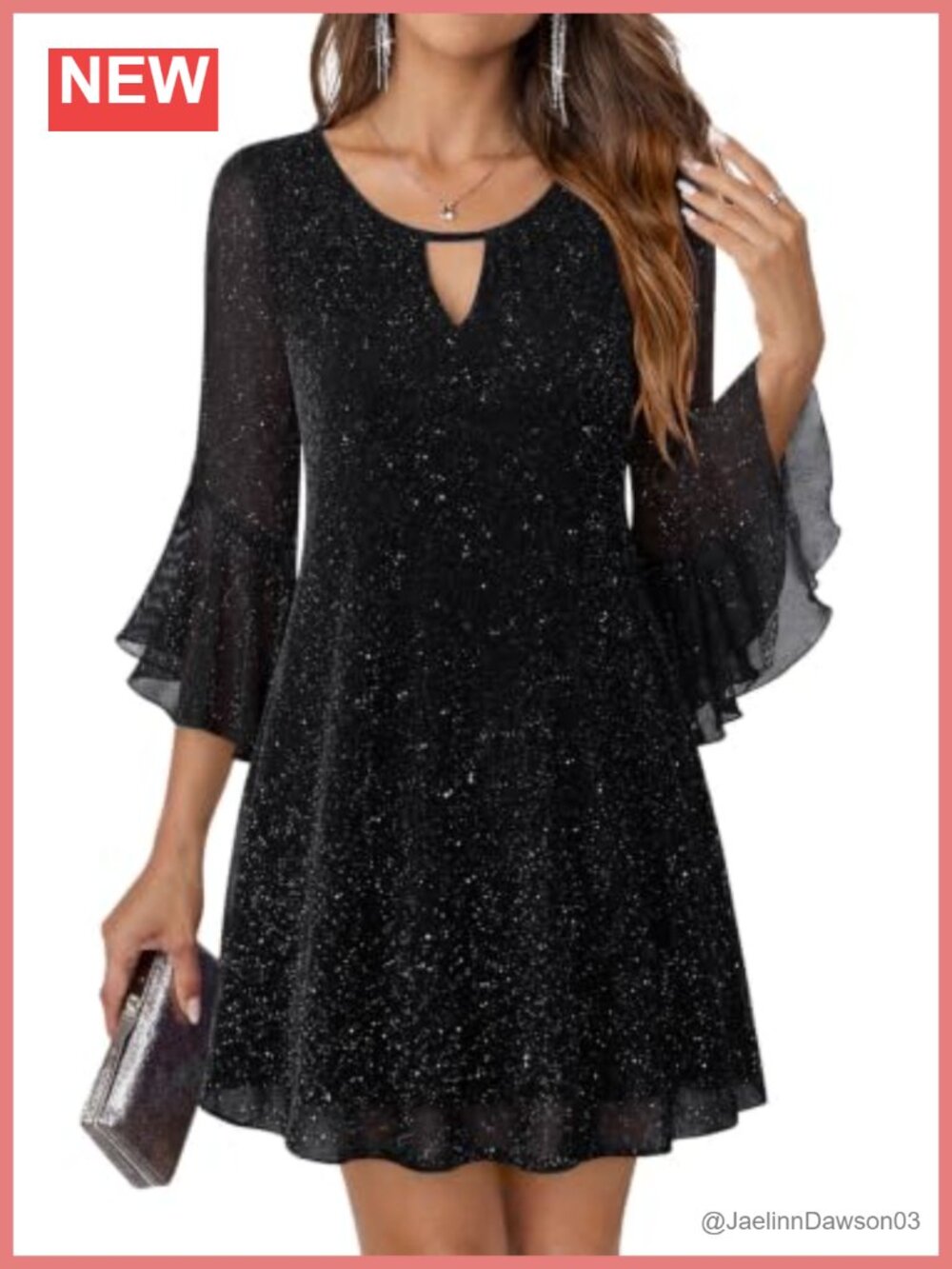 Sparkly Sequin Mesh A-Line Cocktail Dress 3/4 Bell Sleeve